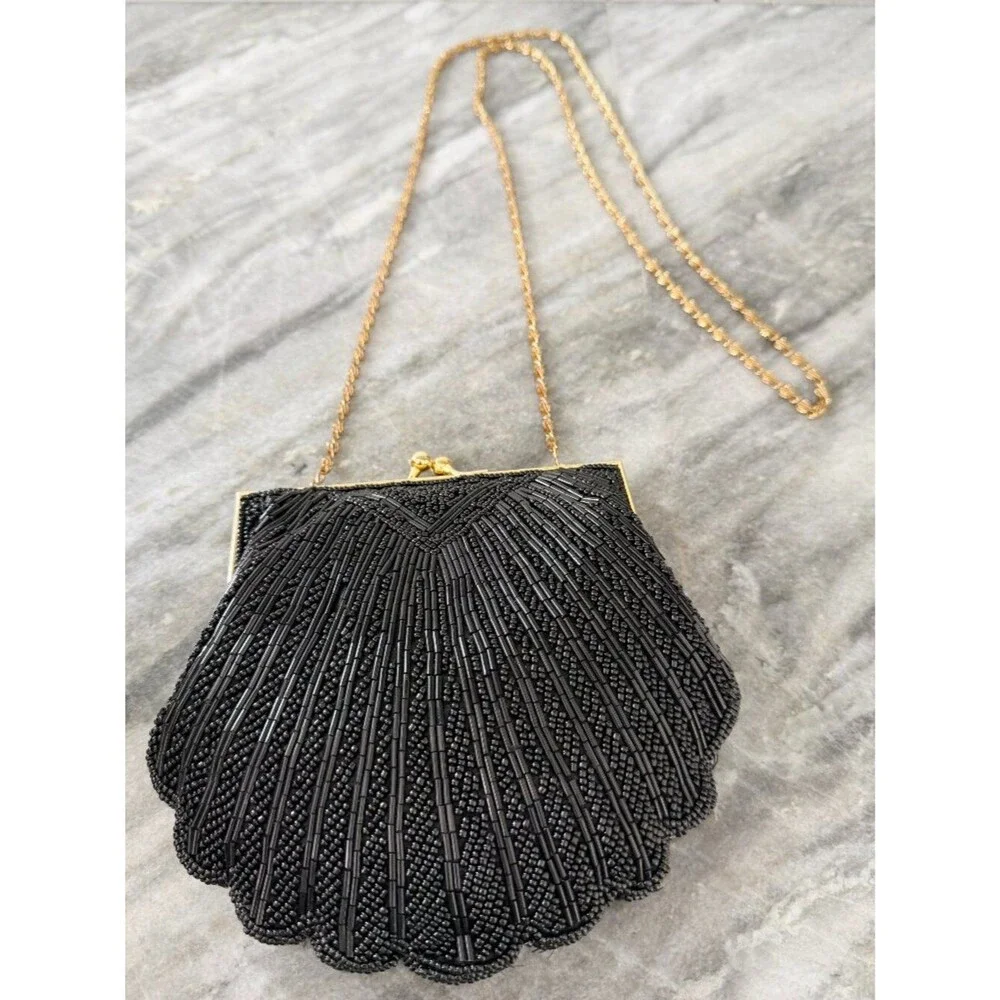 Vintage Black Beaded Clamshell Evening Bag • Gold Chain Convertible Clutch